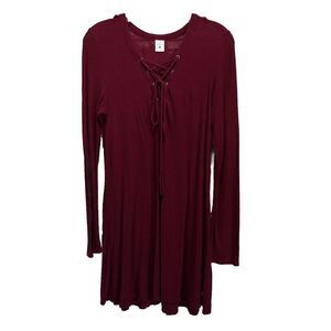 Empyre Burgundy Ribbed Lace Up V Neck Long Sleeve Size‎ Large Midi Dress